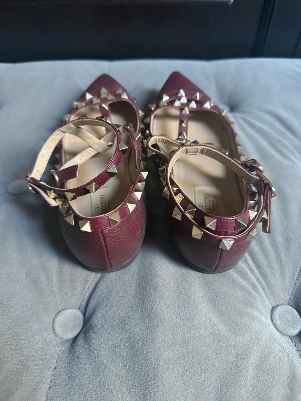 Valentino Burgundy Studded Pointed T-Strap Flats - Picture 3 of 3